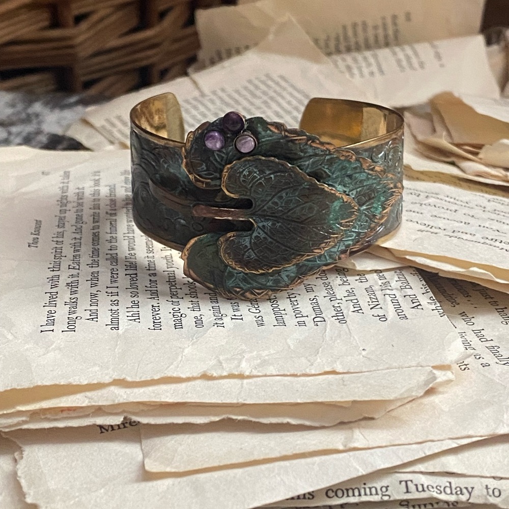 Verdigris Patina Solid Brass Double Leaf Cuff - A… - image 1